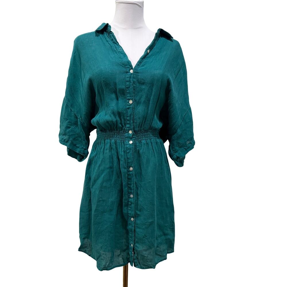 Bella Dahl Teal 100% Linen Button Front Mini Shirt Dress Large Smocked Waist